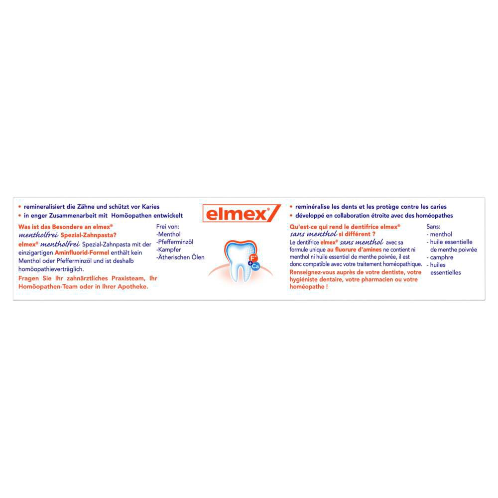 Dos de la boîte de dentifrice. Texte en allemand et français. Marque : elmex. Symbole dentaire.