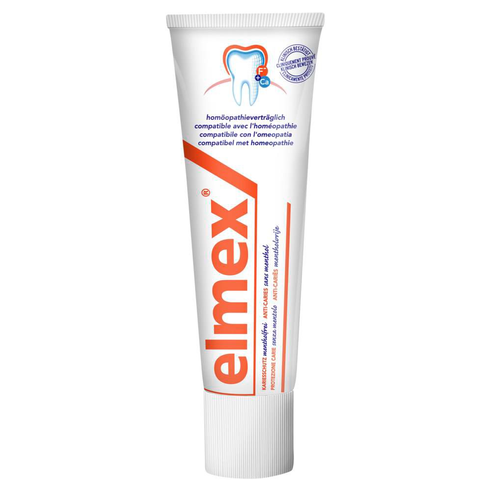 Tube de dentifrice. Marque : elmex. Texte : Protection caries, sans menthol. Homéopathique.