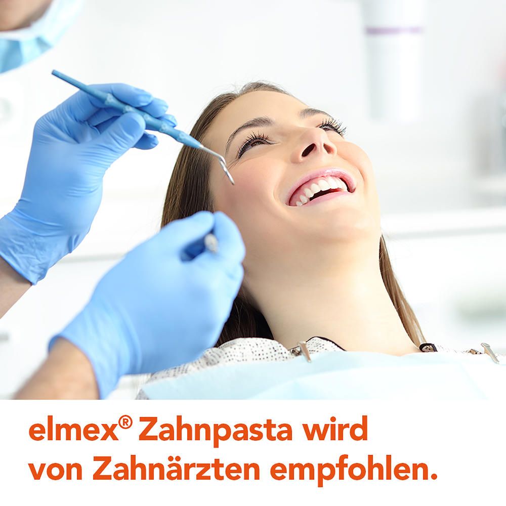 Dentiste traitant une patiente. Texte : Le dentifrice elmex est recommandé par les dentistes.