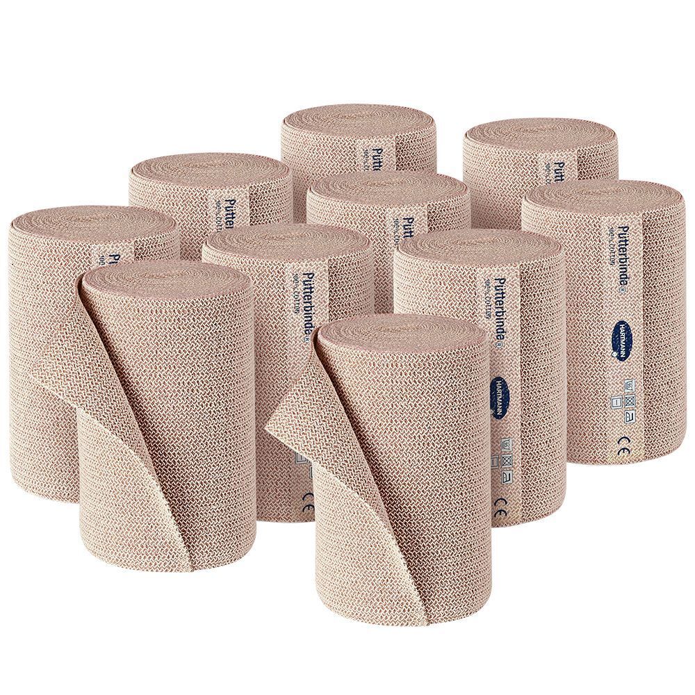 Plusieurs rouleaux de Hartmann Pütterbinde®. Bandages beiges, partiellement déroulés. Nom du produit visible sur les rouleaux.