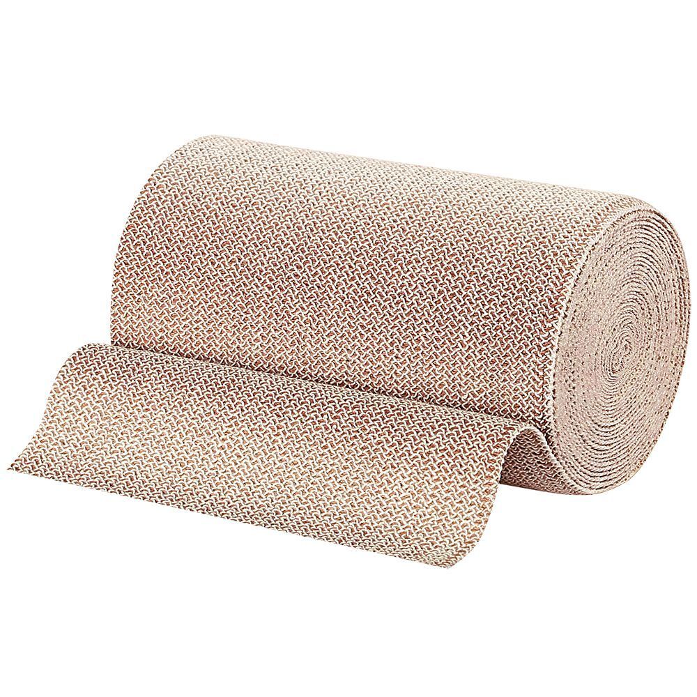 Rouleau de Hartmann Pütterbinde®. Bandage beige tissé, partiellement déroulé. Structure clairement visible.