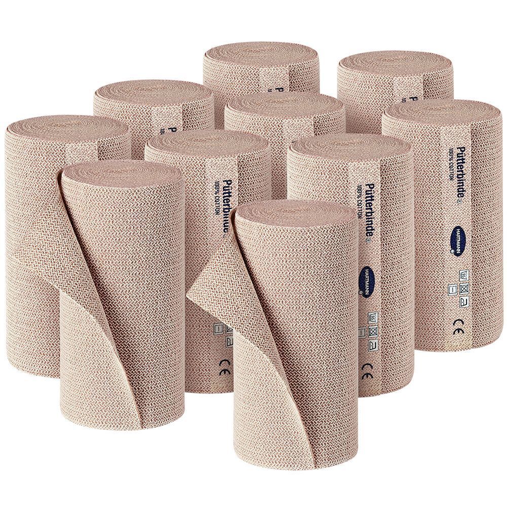 Neuf bandages Hartmann Pütterbinde® roulés. Beige, en tissu. Inscription : Pütterbinde. Marquage CE.