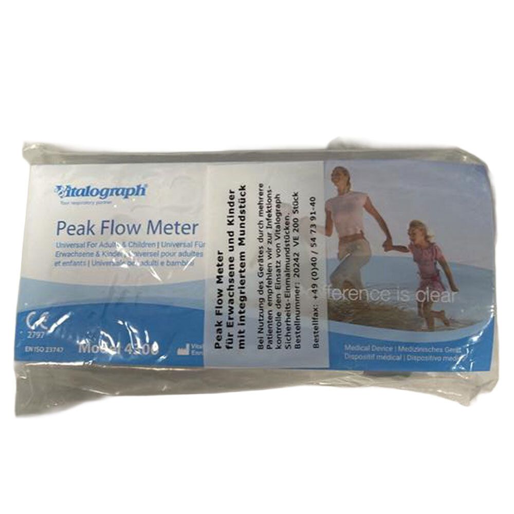 Peak Flow Meter Vitalograph avec échelle de 50-800 L/min et curseur rouge.
