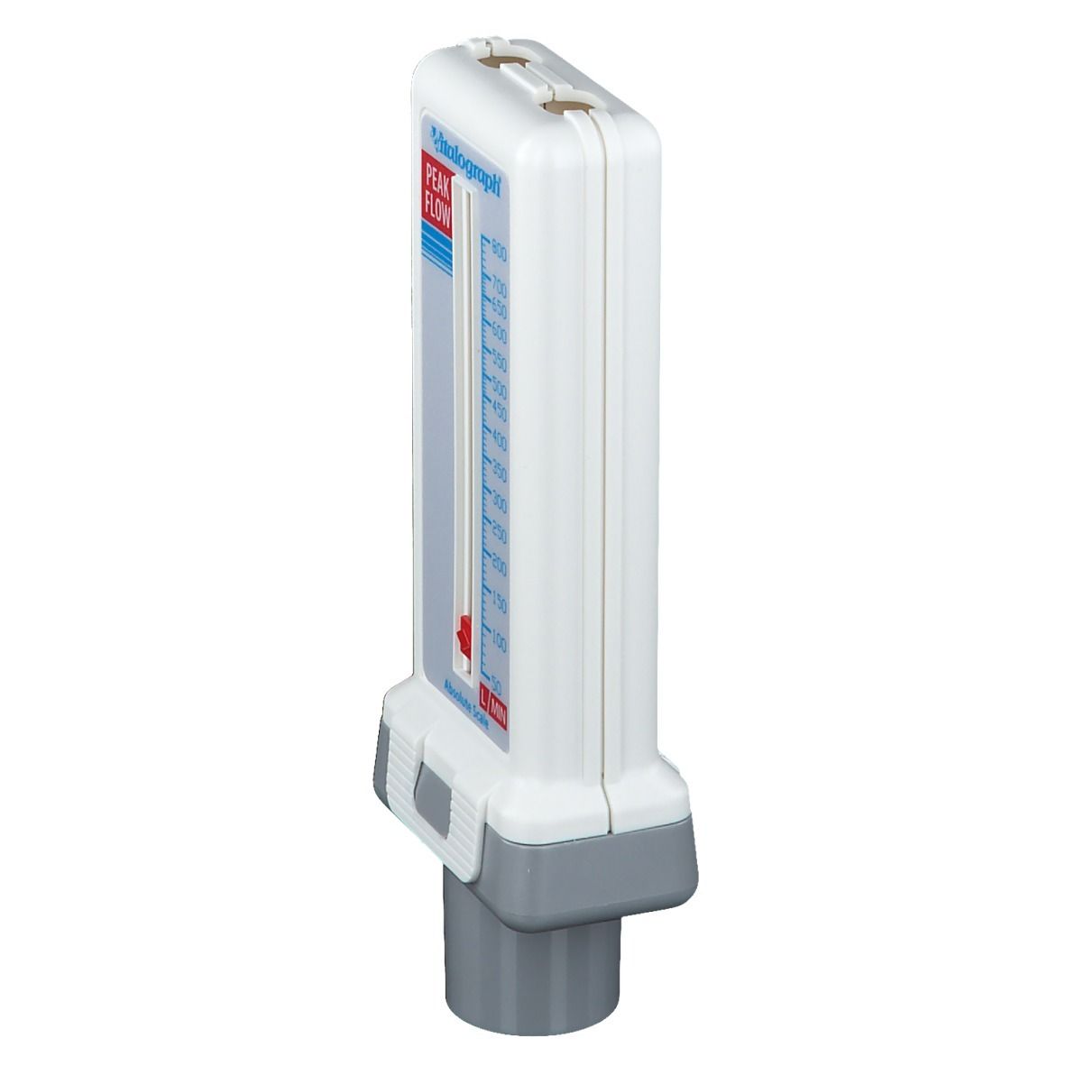 Peak Flow Meter Vitalograph, vue de côté. Boîtier blanc avec accents gris.