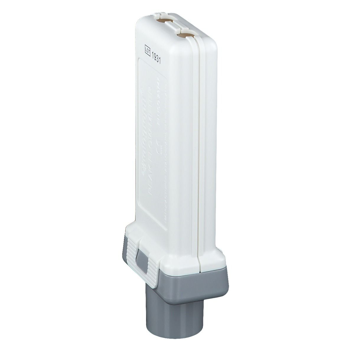 Peak Flow Meter Vitalograph, arrière, vue de côté. Boîtier blanc avec accents gris.