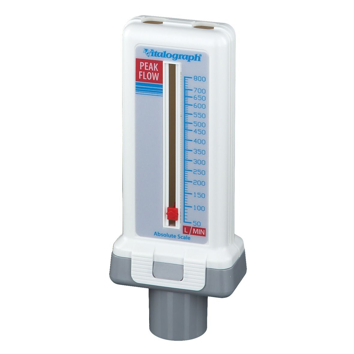Peak Flow Meter Vitalograph avec échelle de 50-800 L/min et curseur rouge.