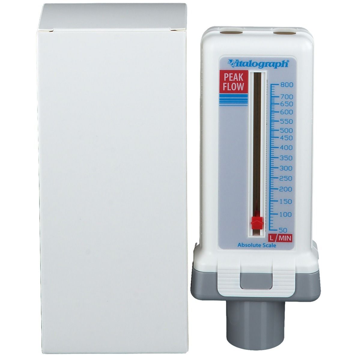 Peak Flow Meter Vitalograph à côté de sa boîte d'emballage blanche.