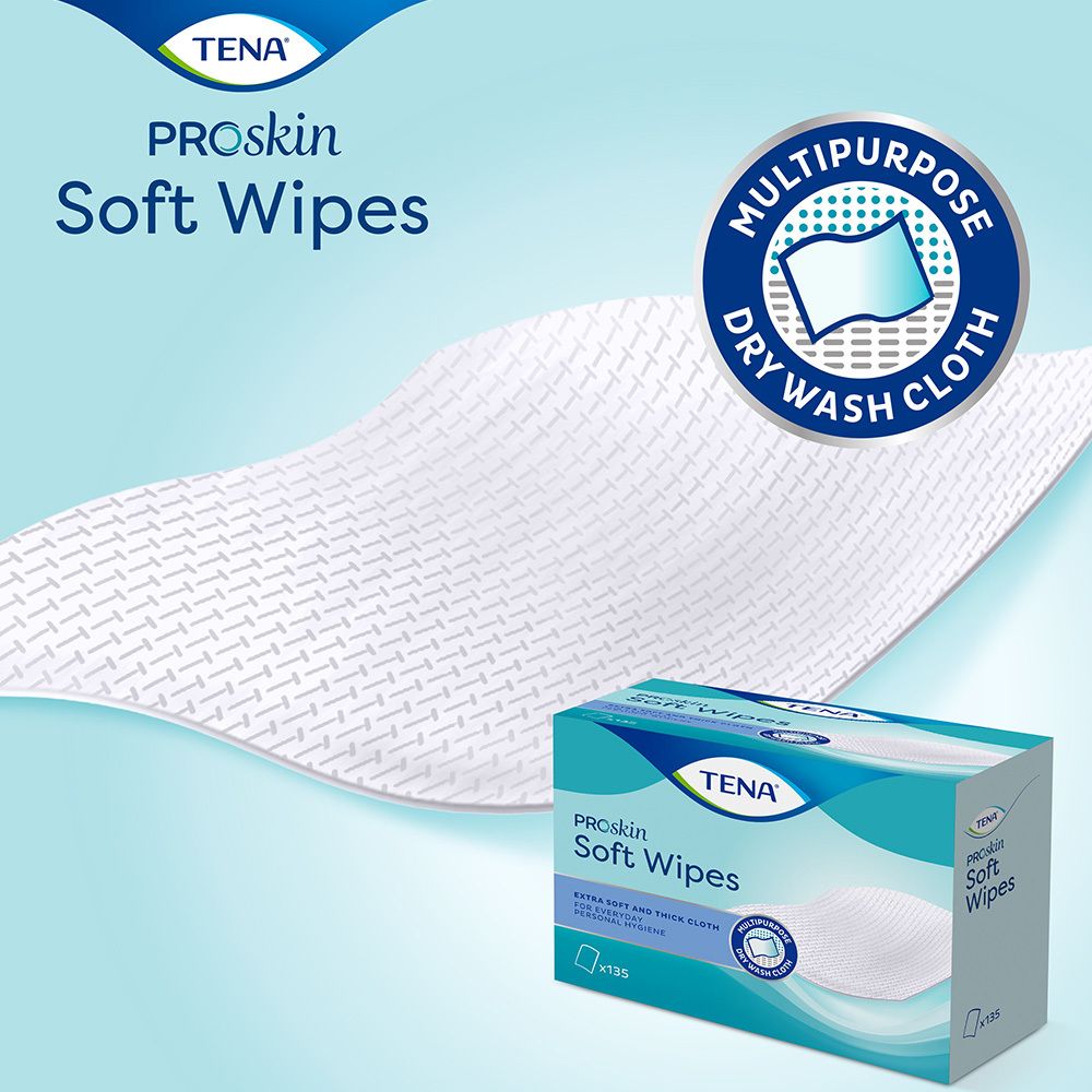 Boîte et lingette TENA ProSkin Soft Wipes. Emballage bleu et blanc. Inscription : Extra doux et épais. Avec Multipurpose Dry Wash Cloth.