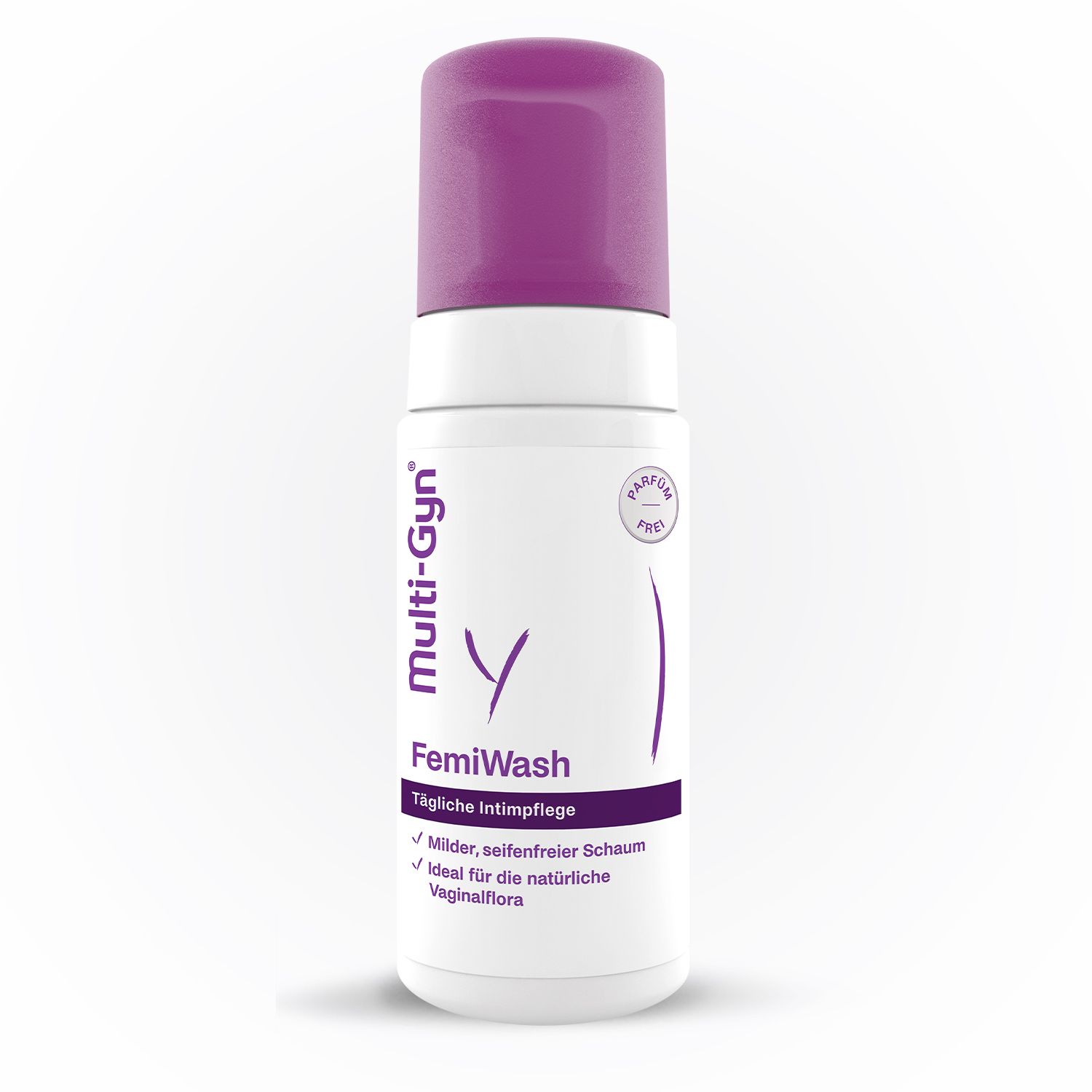 Flacon blanc et violet. Multi-Gyn FemiWash. Mousse micro-moussante sans savon pour l'hygiène intime quotidienne. Sans parfum.