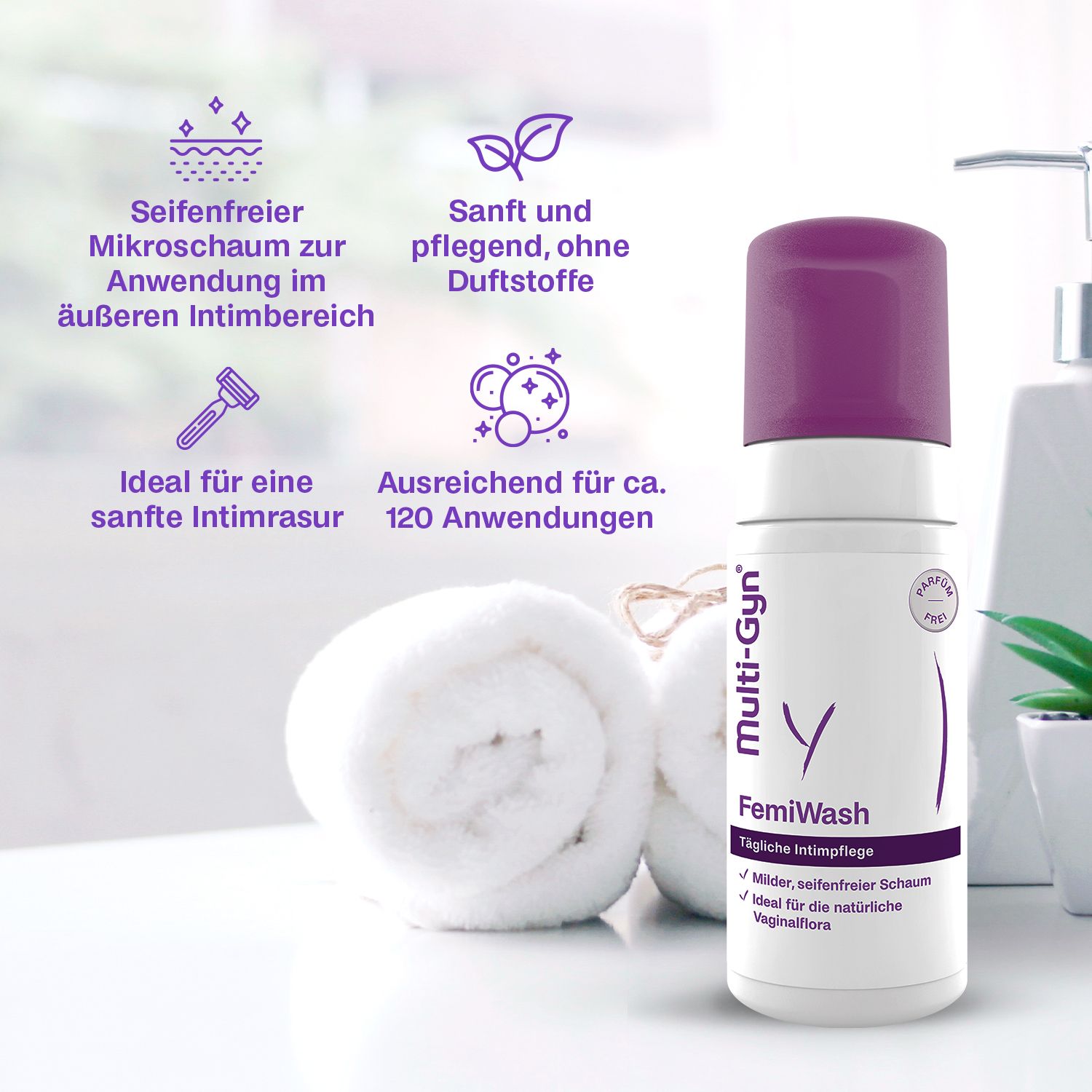 Flacon Multi-Gyn FemiWash. Mousse sans savon. Doux et nourrissant. Pour environ 120 utilisations. Sur une table.