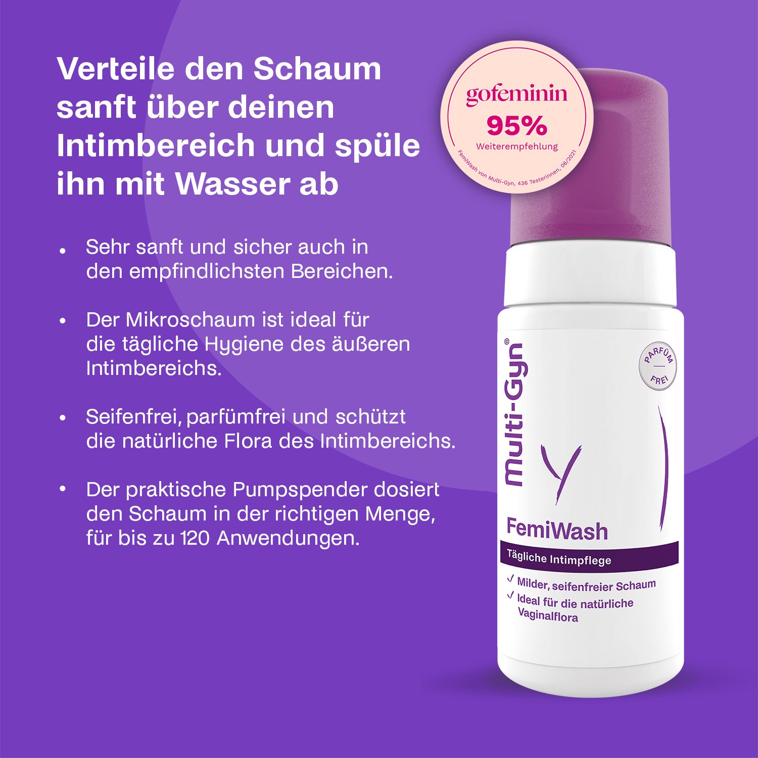 Flacon Multi-Gyn FemiWash. Pompe. Pour l'hygiène intime quotidienne. 95% recommandation. Sans savon, sans parfum.