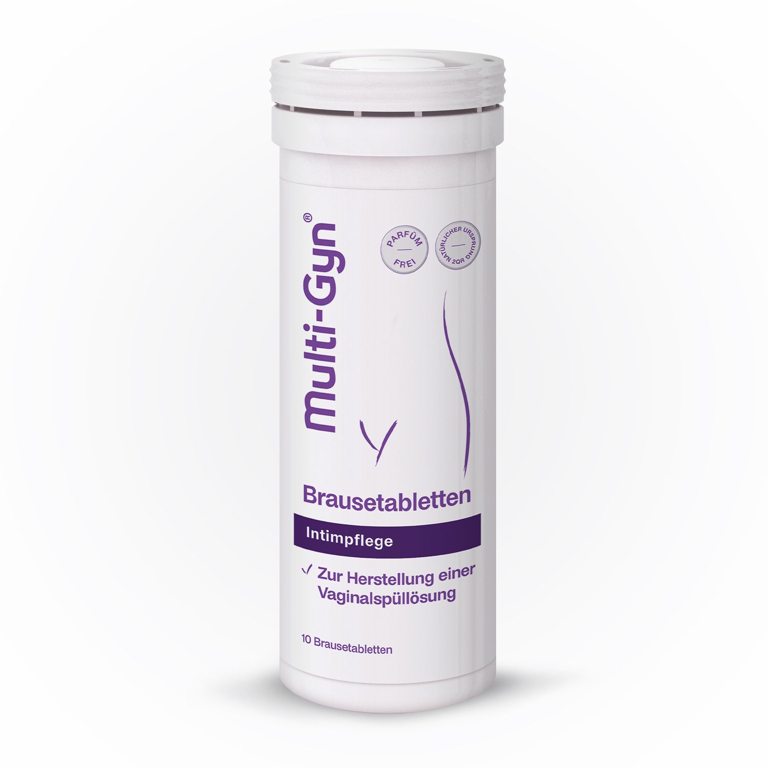 Tube blanche avec inscription violette Multi-Gyn Brausetabletten. Soin intime. 10 comprimés.