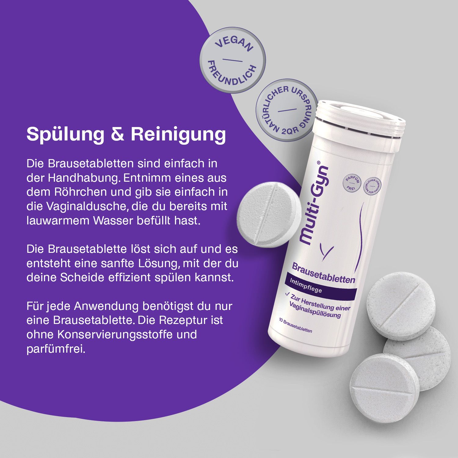 Tube Multi-Gyn Brausetabletten, comprimés et logos. Texte: Rinçage & Nettoyage. Vegan, origine naturelle.