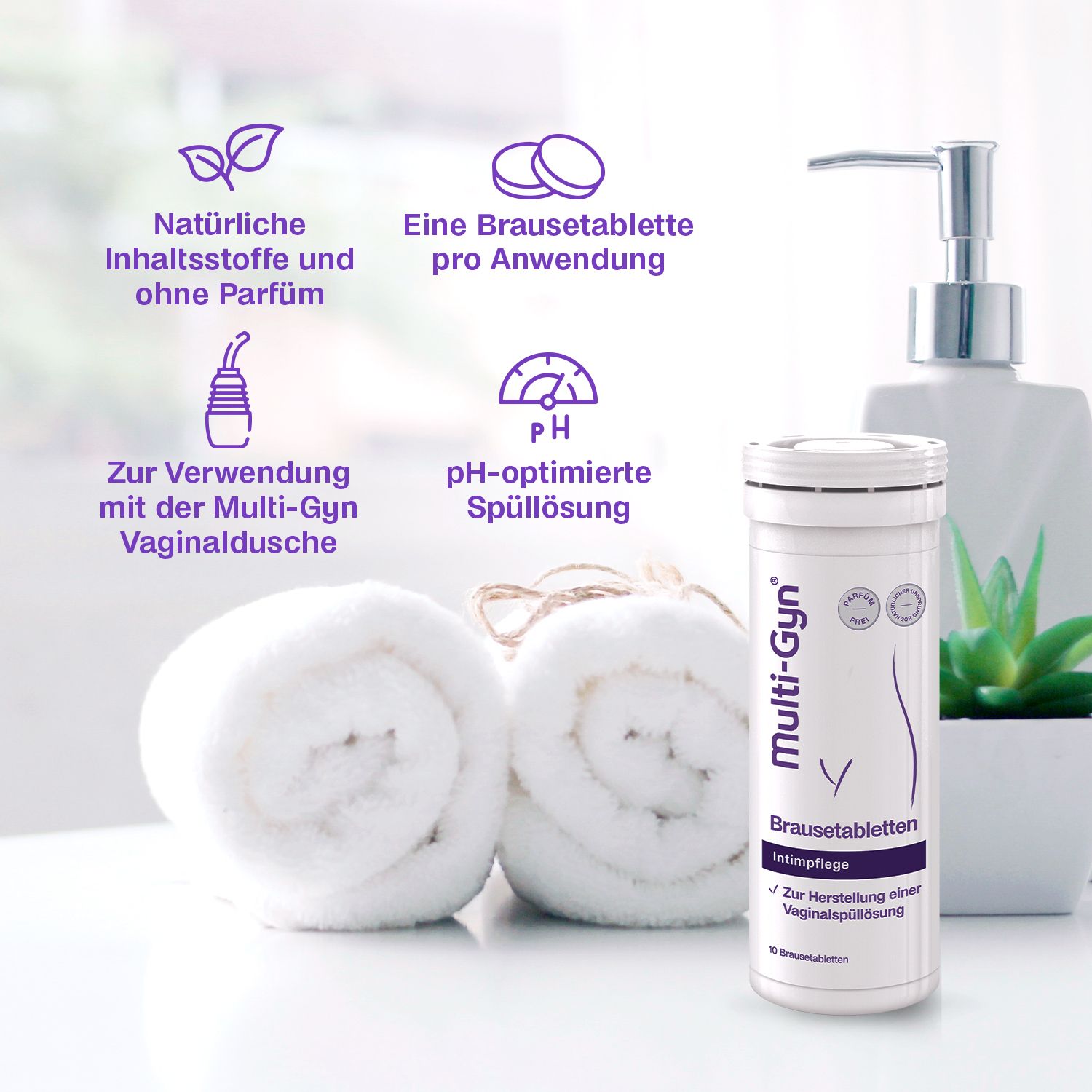 Tube Multi-Gyn Brausetabletten, serviettes, flacon. Texte: Ingrédients naturels, un comprimé par application.