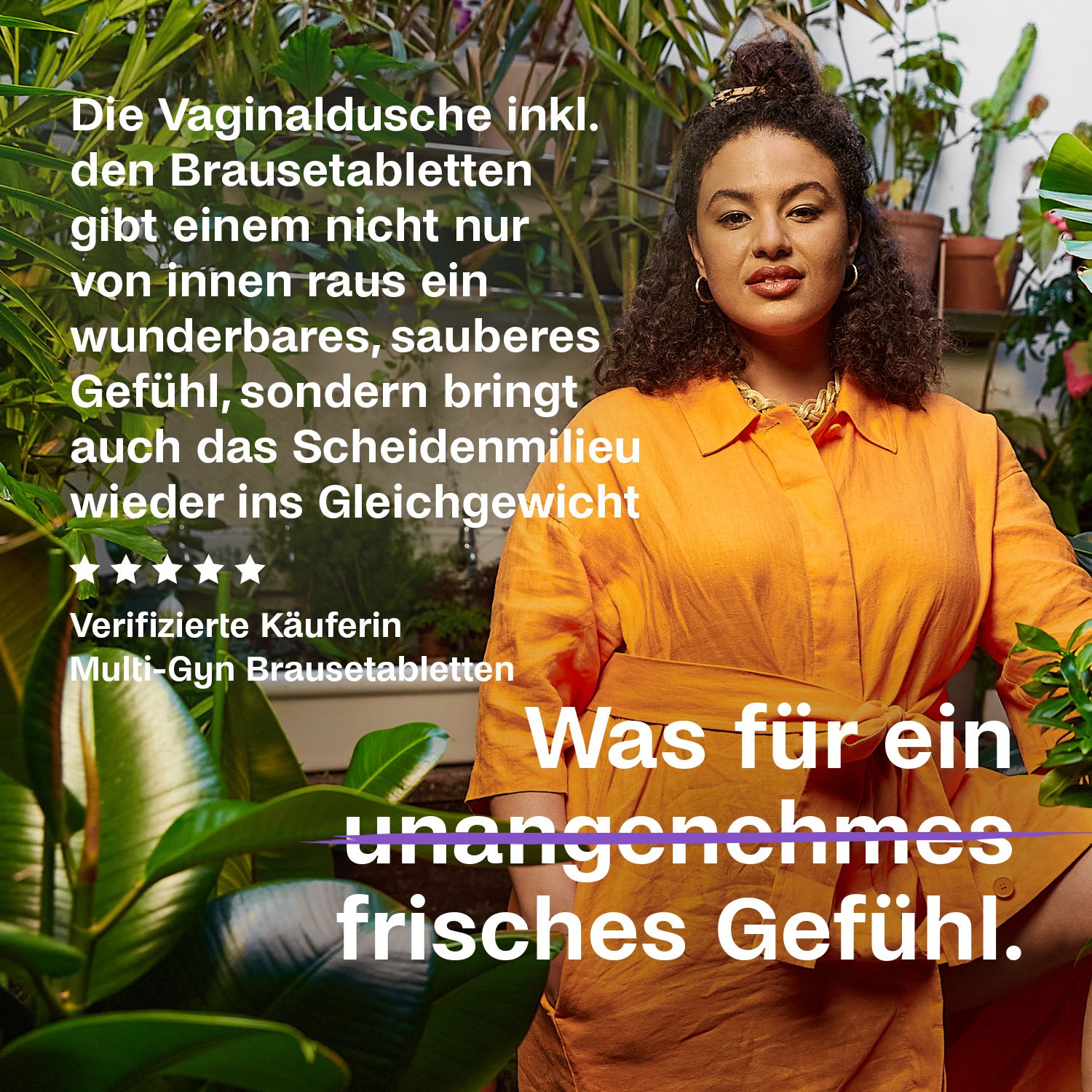 Femme en haut orange. Texte: Quelle sensation agréable et fraîche. Multi-Gyn Brausetabletten.