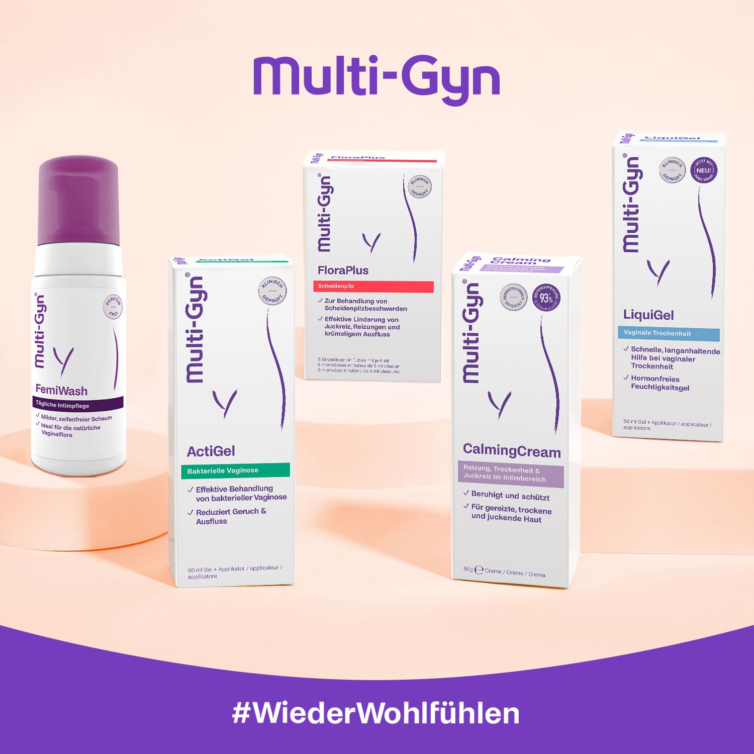 Différents produits Multi-Gyn: FemiWash, ActiGel, FloraPlus, CalmingCream, LiquiGel. Fond violet.