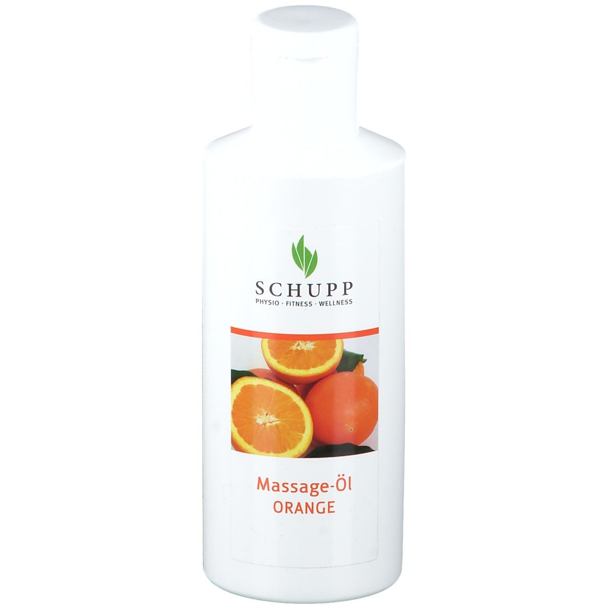 Flacon blanc avec étiquette. Inscription : SCHUPP, Massage-Öl Orange. Illustration d'oranges.