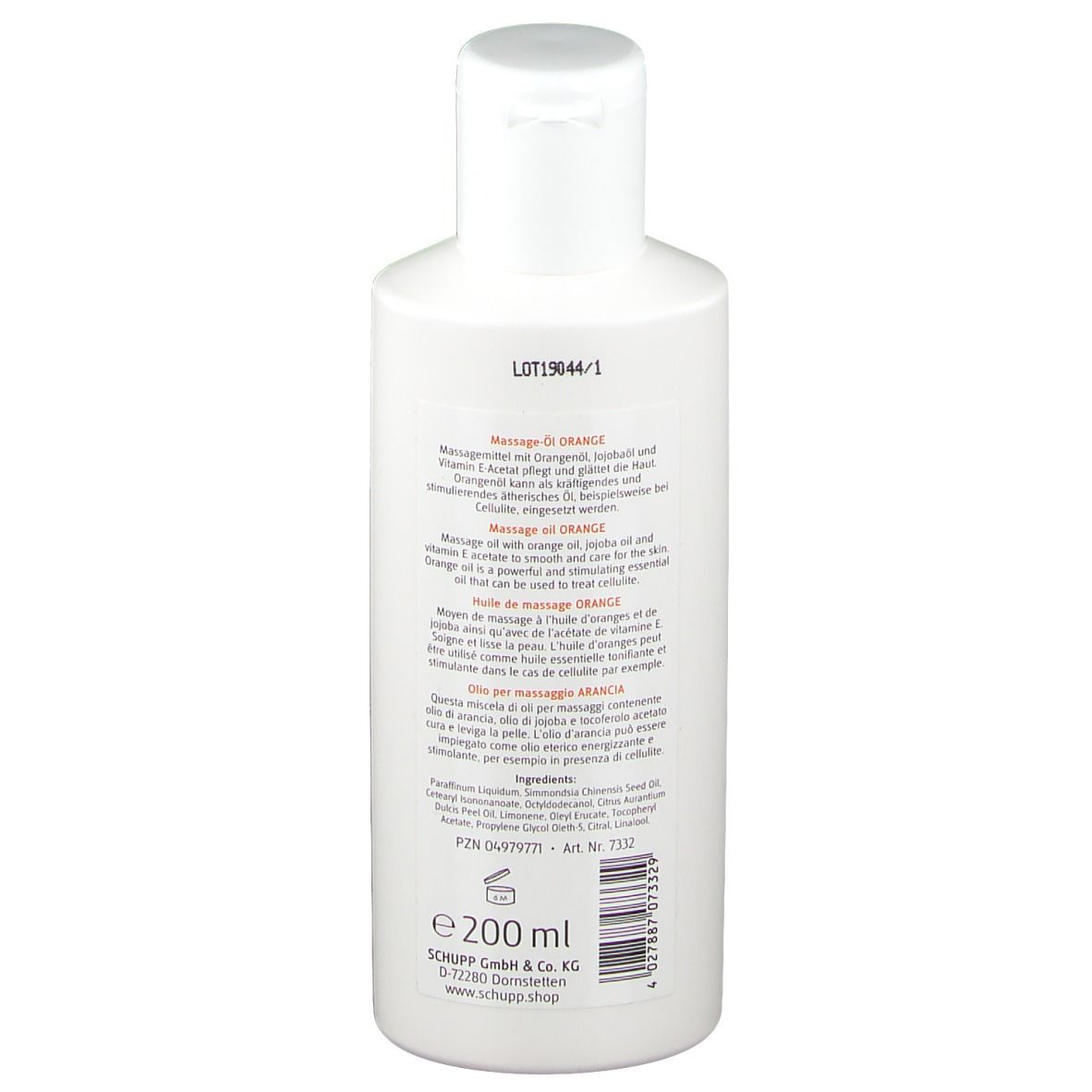 Flacon blanc, dos. Texte sur l'étiquette. Inscription : SCHUPP. Volume : 200 ml.