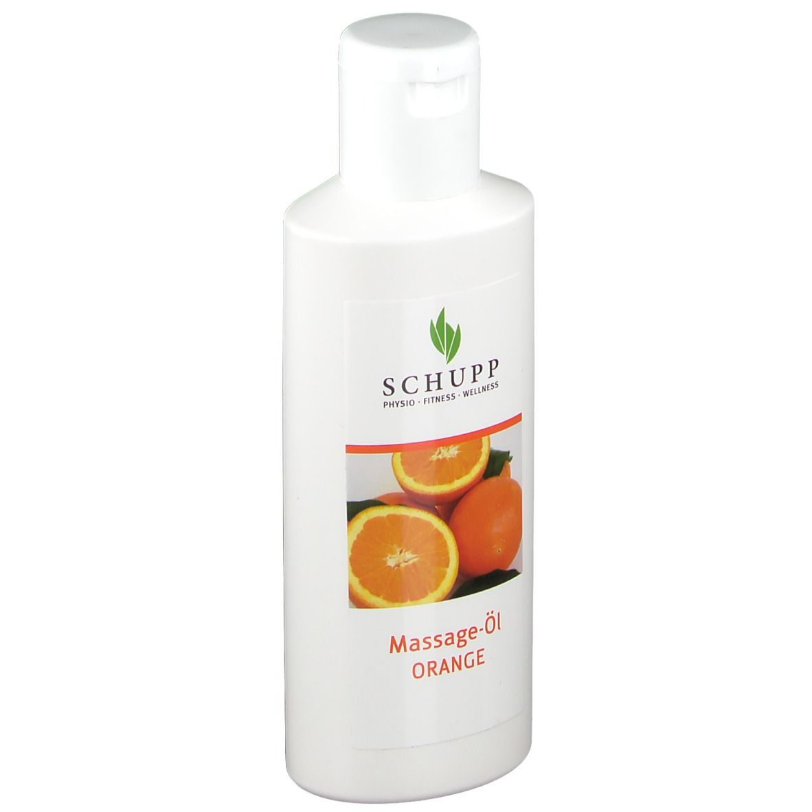 Flacon blanc avec étiquette. Inscription : SCHUPP, Massage-Öl Orange. Illustration d'oranges.