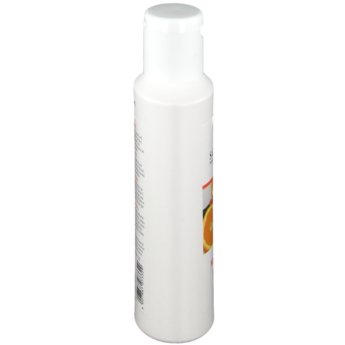 Flacon blanc avec étiquette. Inscription : SCHUPP, Massage-Öl Orange. Illustration d'oranges.