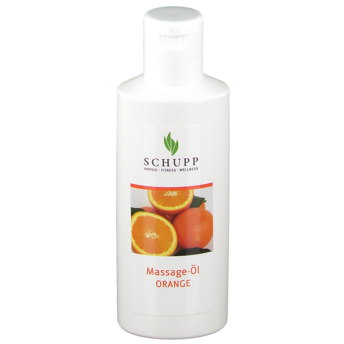 Flacon blanc avec étiquette. Inscription : SCHUPP, Massage-Öl Orange. Illustration d'oranges.