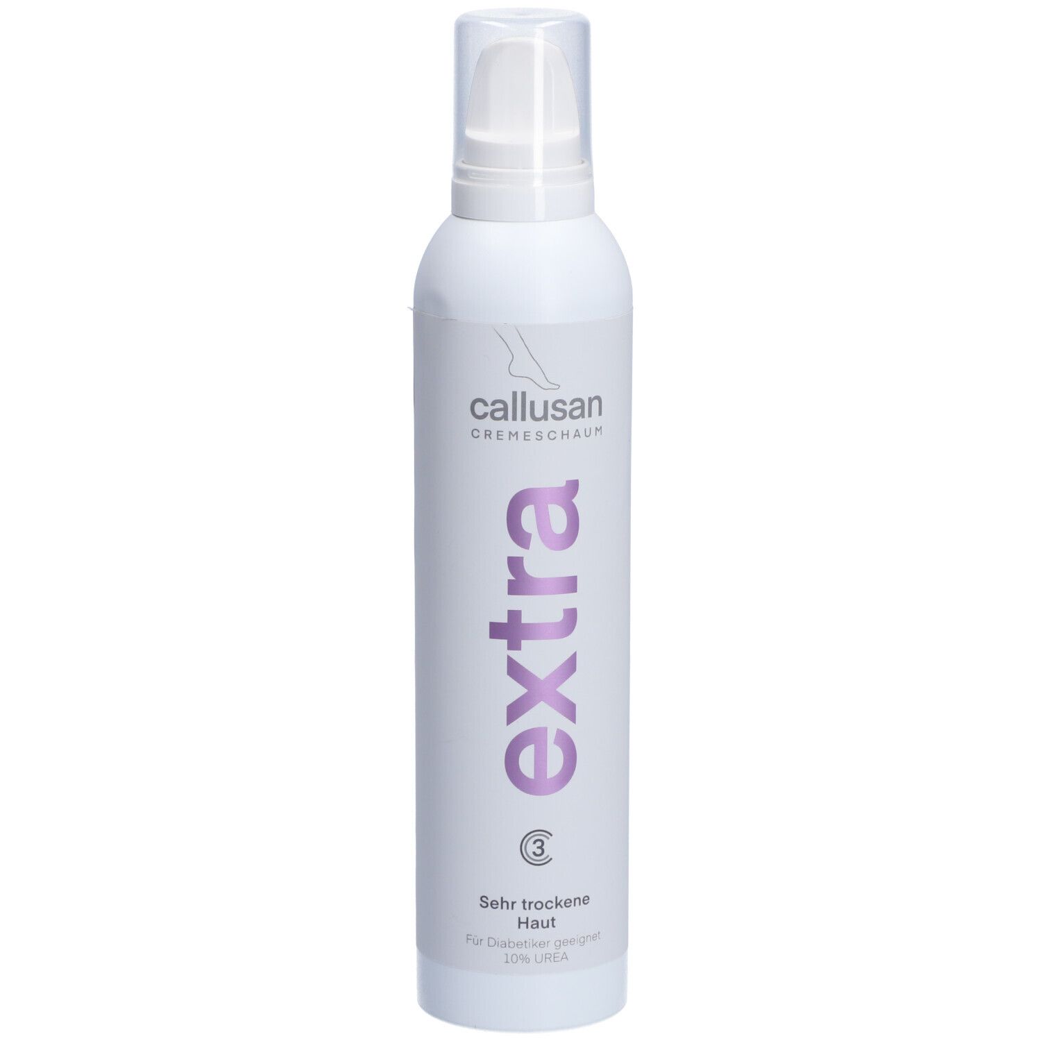 Flacon blanc avec inscription violette "extra" et "callusan Cremeschaum". Contient des informations pour peaux très sèches.