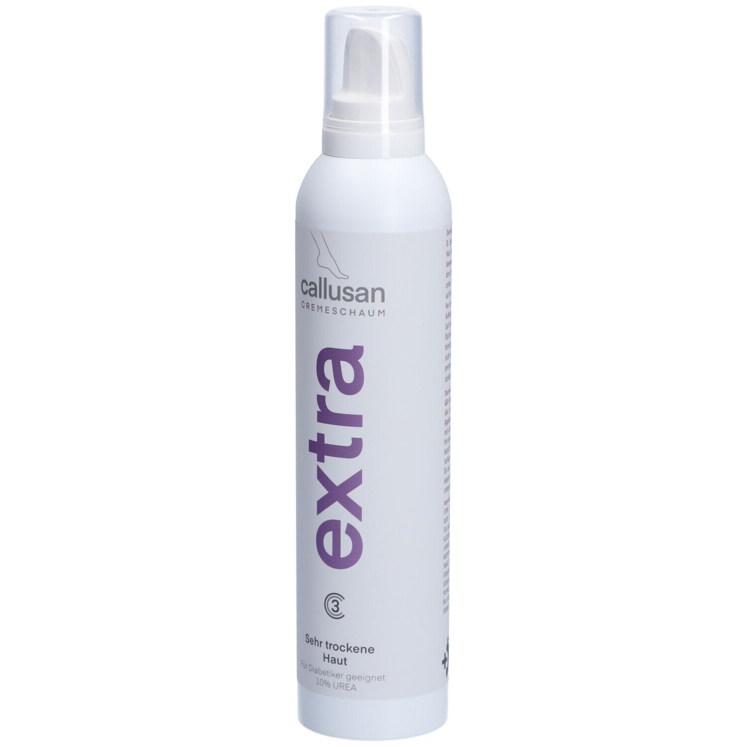 Flacon blanc avec inscription violette "extra" et "callusan Cremeschaum". Contient des informations pour peaux très sèches.