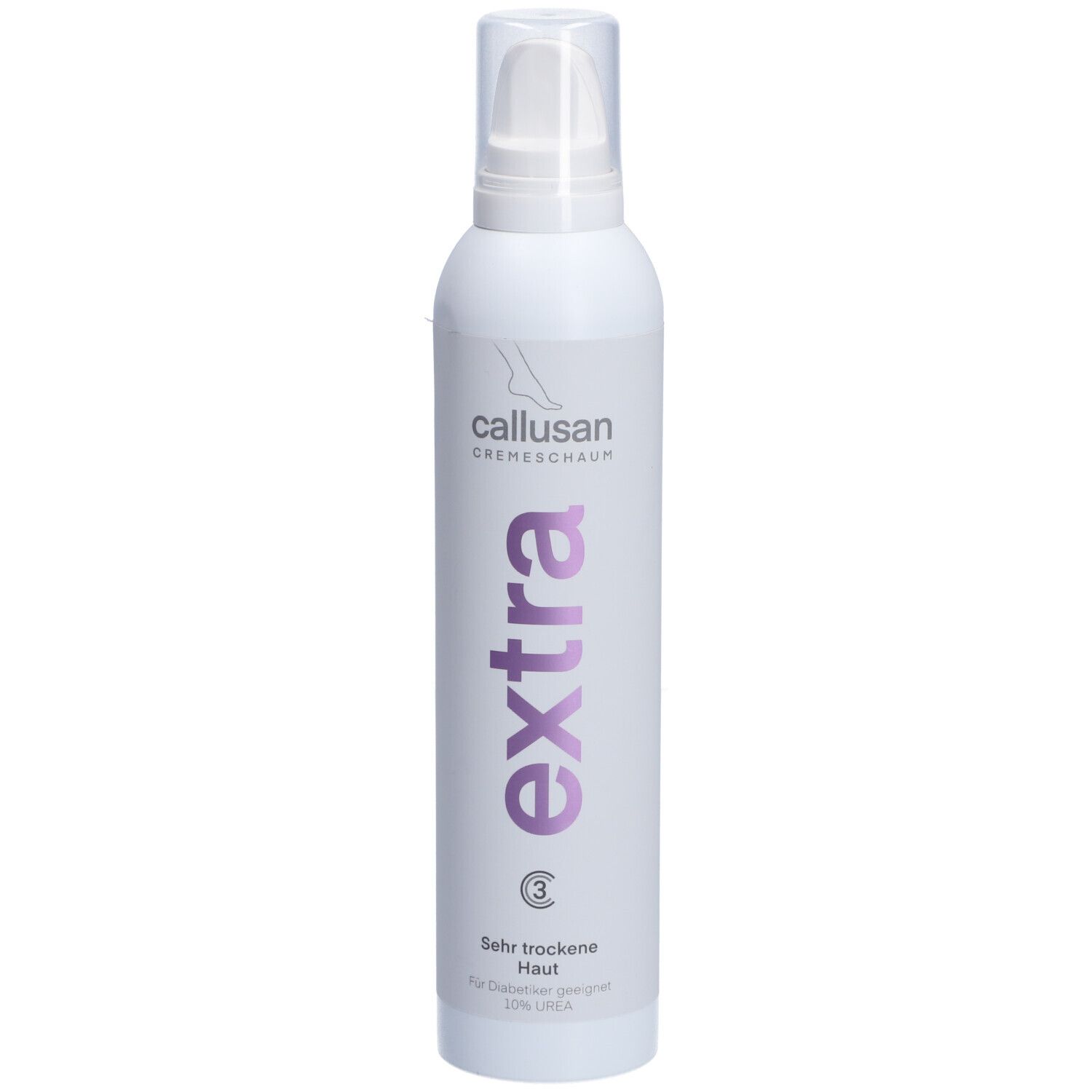 Flacon blanc avec inscription violette "extra" et "callusan Cremeschaum". Contient des informations pour peaux très sèches.