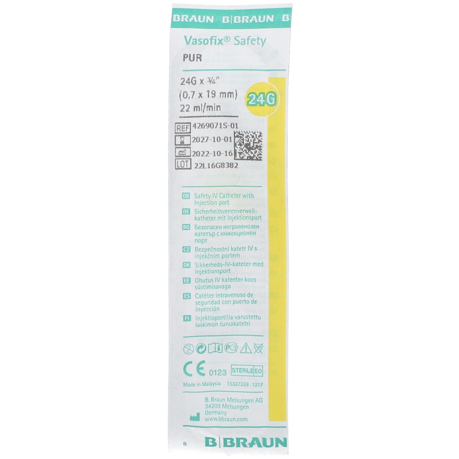 Emballage avec informations produit. B. Braun Vasofix Safety PUR. Taille, numéro de lot, marquage CE.