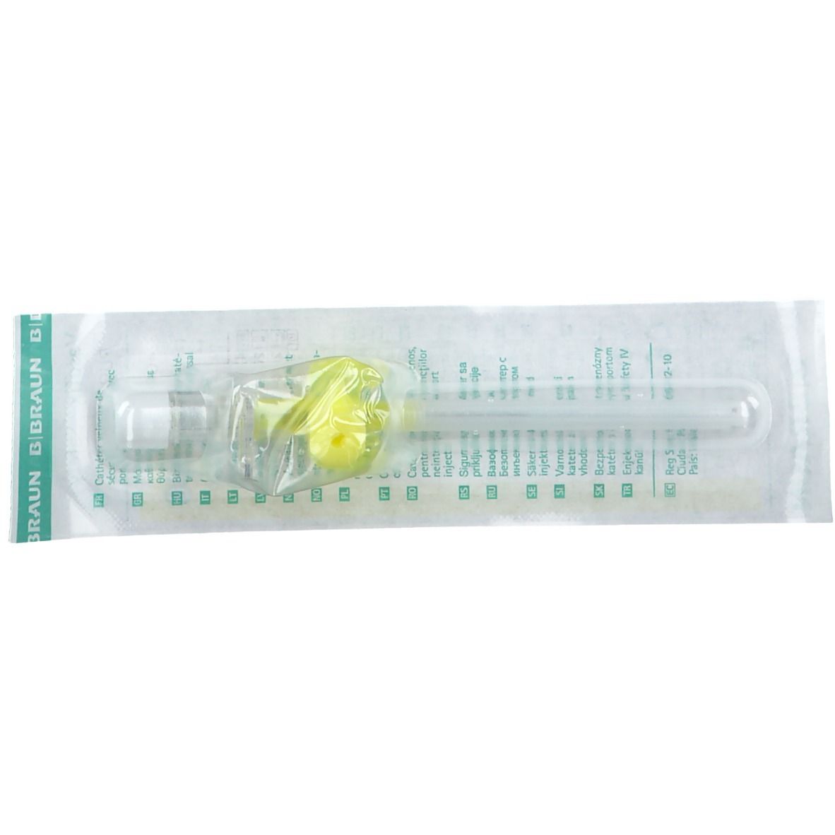 Cathéter veineux emballé, horizontal. Fermeture jaune, cathéter transparent. Logo B. Braun.
