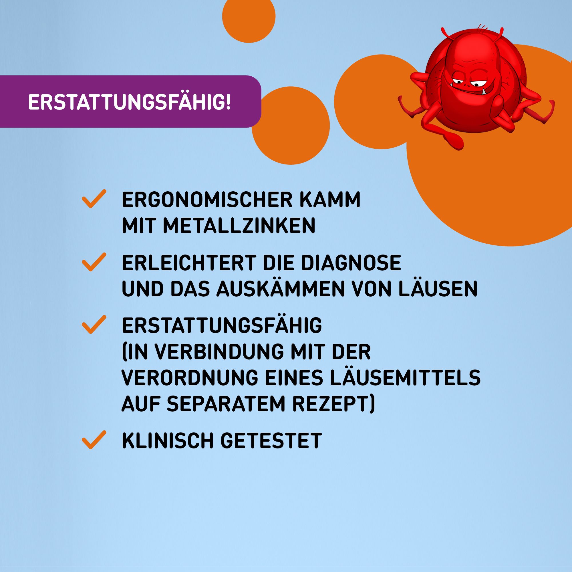 Infographie avec texte : Peigne ergonomique à dents métalliques, facilite le diagnostic et le peignage, remboursable, testé cliniquement.