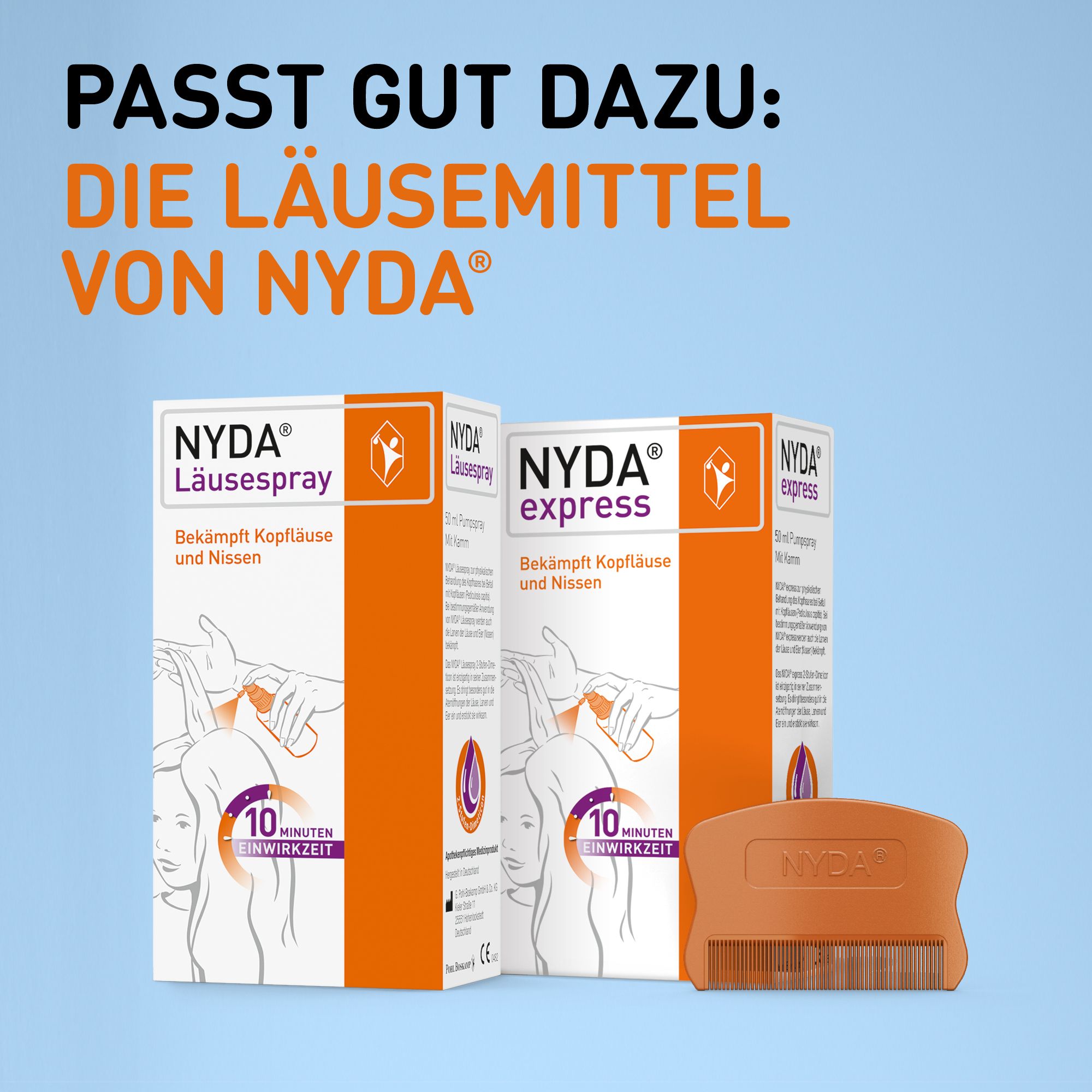 Publicité avec NYDA spray et express. À côté, le peigne NYDA. Texte : Va bien avec : Les produits anti-poux de NYDA.
