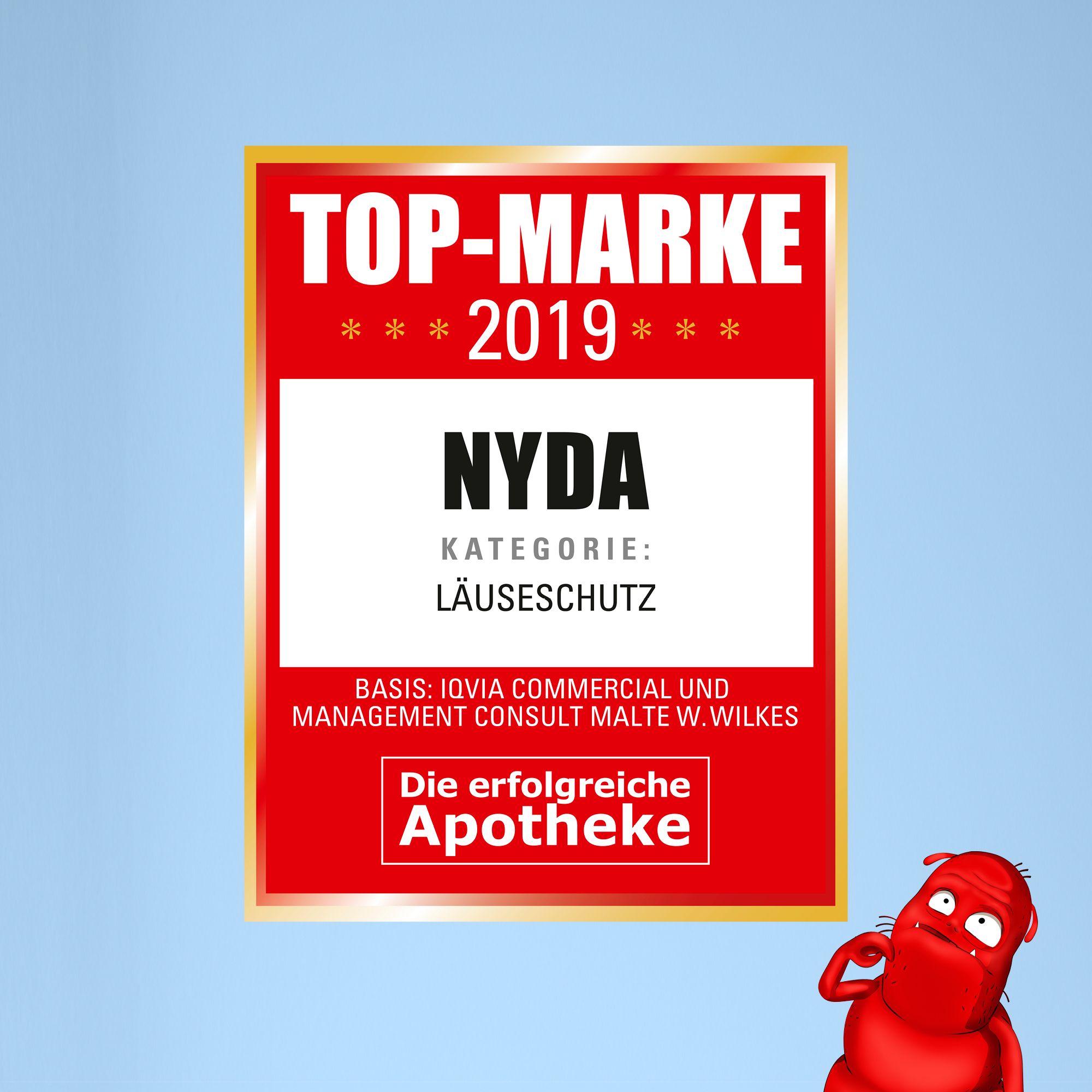 Prix Top Marque 2019 pour NYDA, catégorie protection contre les poux. Panneau rouge avec texte et illustration de poux rouge.