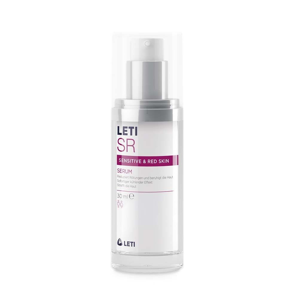 Flacon de sérum avec pompe. Inscription : LETI SR, Sensitive & Red Skin. 30 ml.