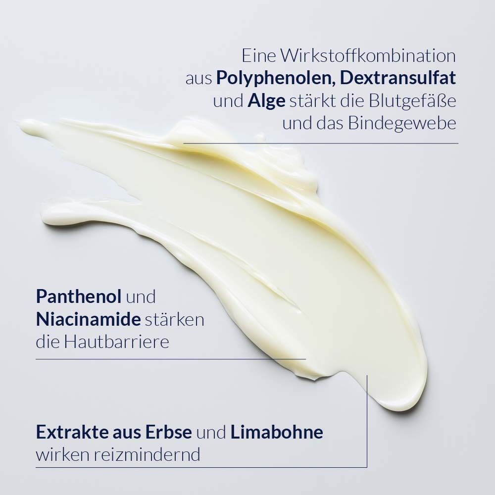 Texture du produit. Combinaison d'ingrédients actifs : polyphénols, dextransulfate et algues. Panthénol et niacinamide. Extraits de pois et de haricots de Lima.