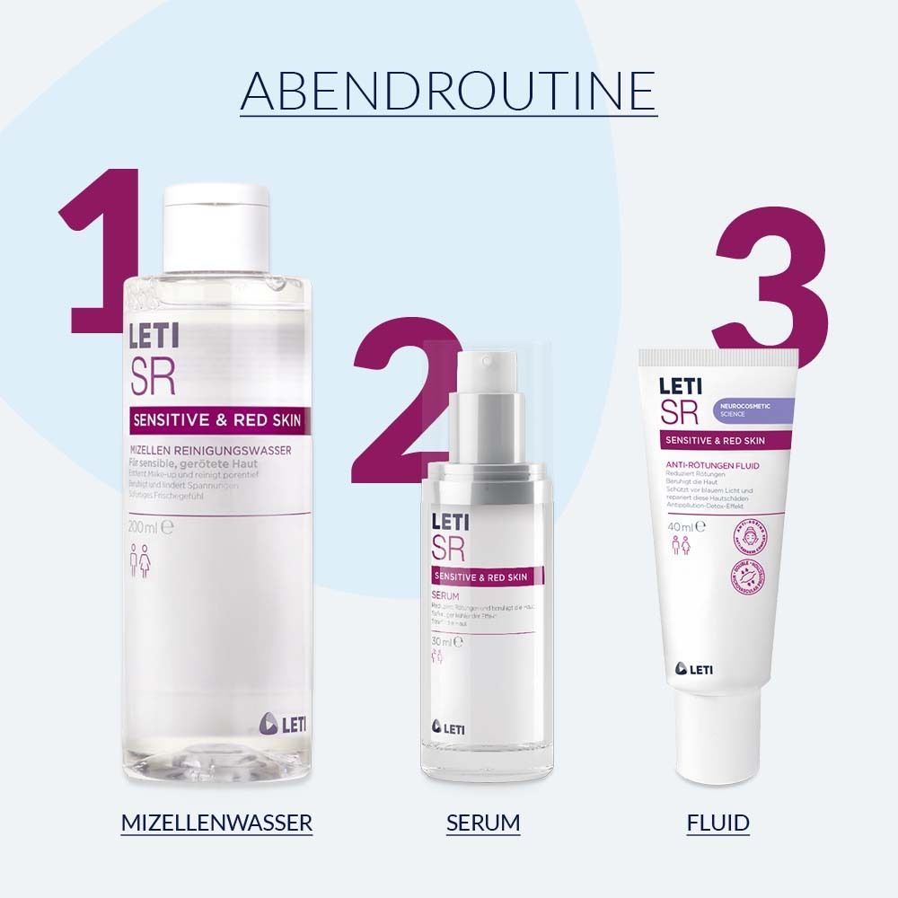 Trois produits : eau micellaire, sérum et fluide. Inscription : LETI SR, Sensitive & Red Skin. Produits pour la routine du soir.