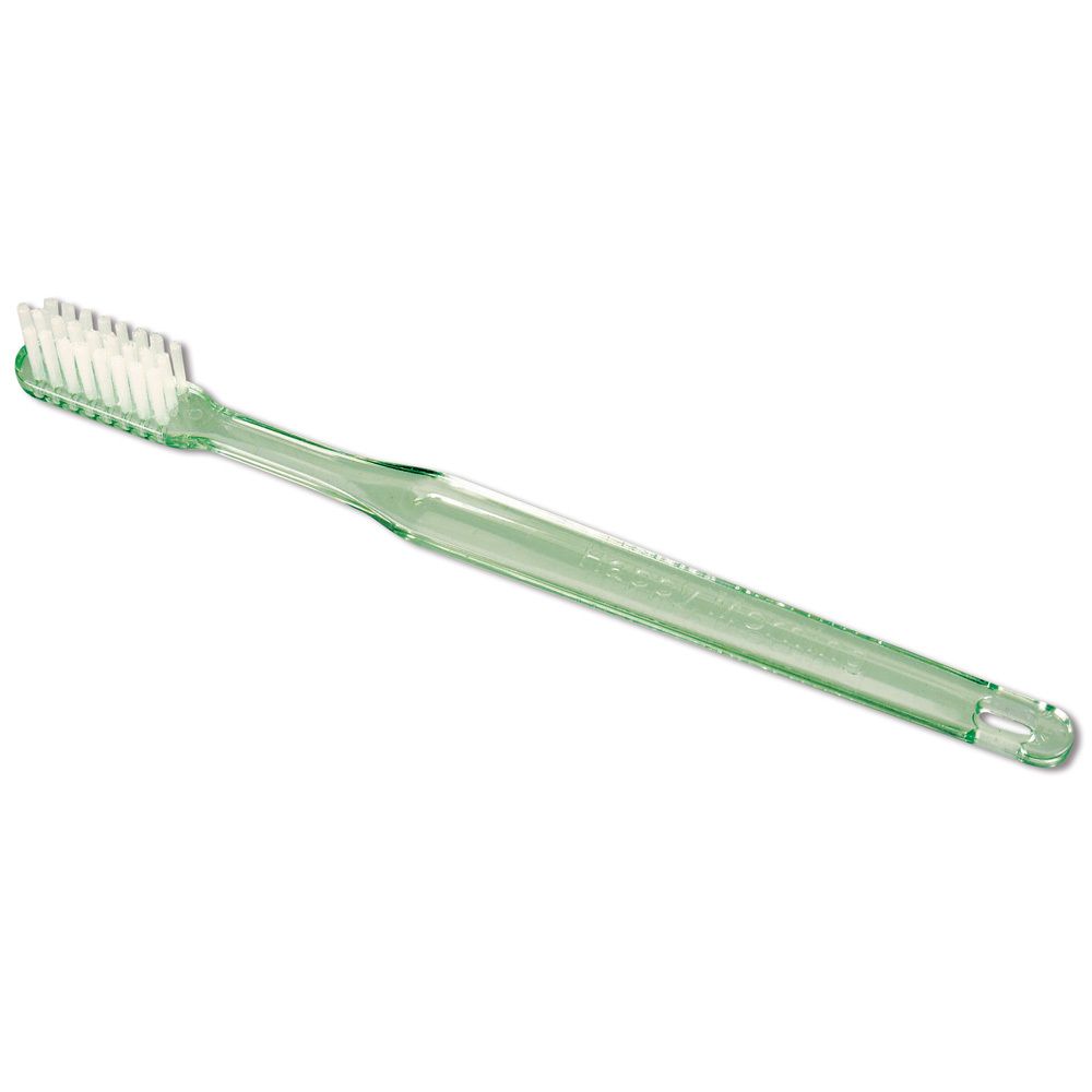 Brosse à dents verte avec poils blancs. Manche transparent. Logo du fabricant.