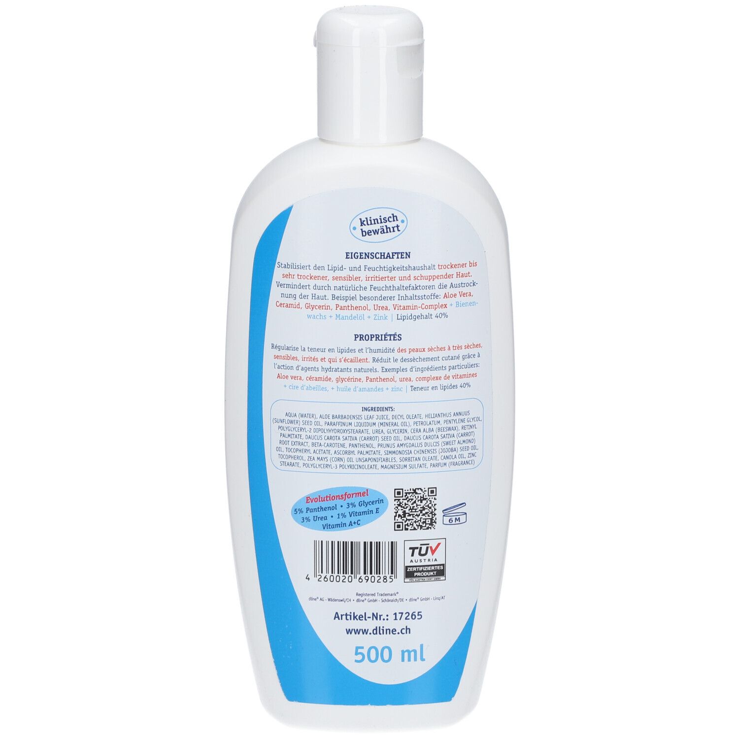 Dos du flacon blanc. Texte multilingue. Ingrédients et propriétés. 500 ml.