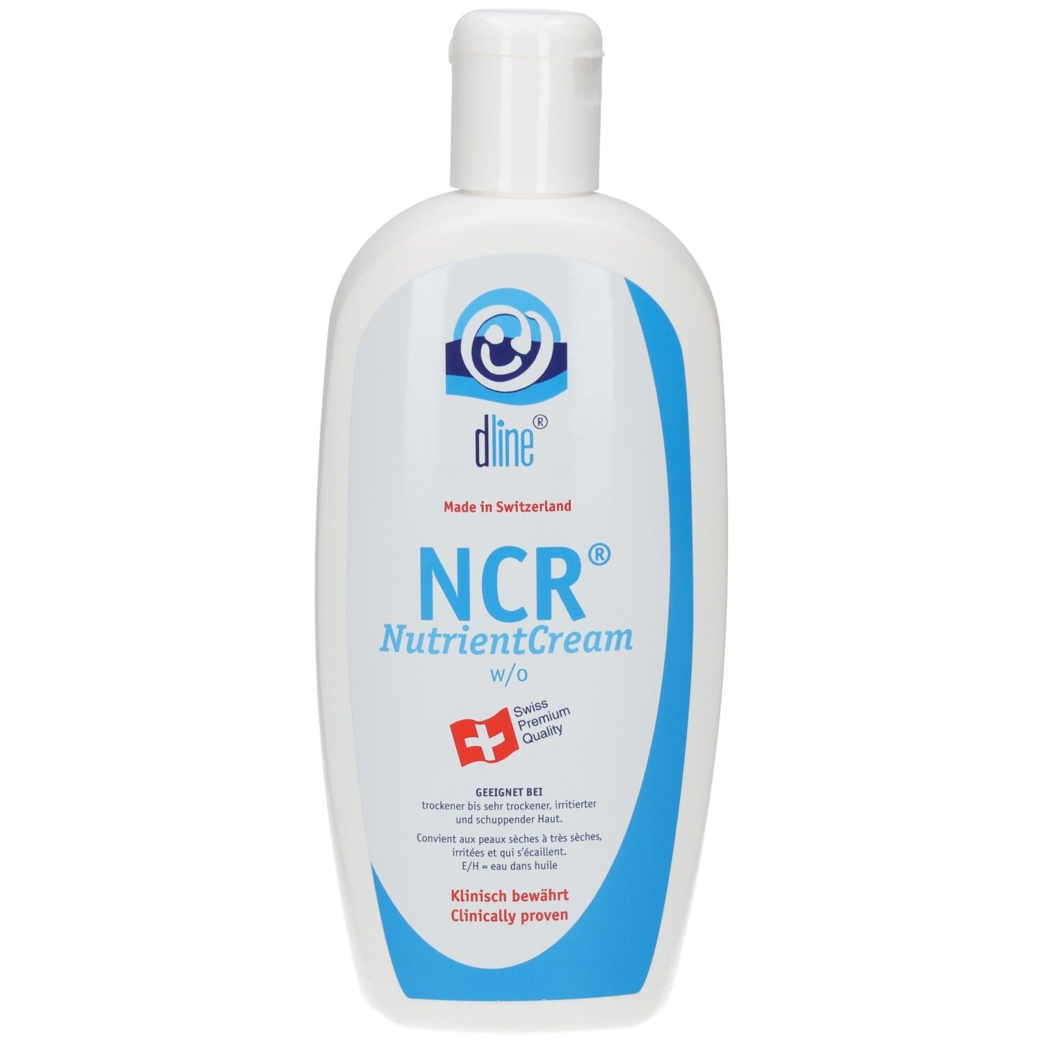 Flacon blanc avec logo bleu et texte. Contient NCR® NutrientCream. Croix suisse. Cliniquement prouvé.
