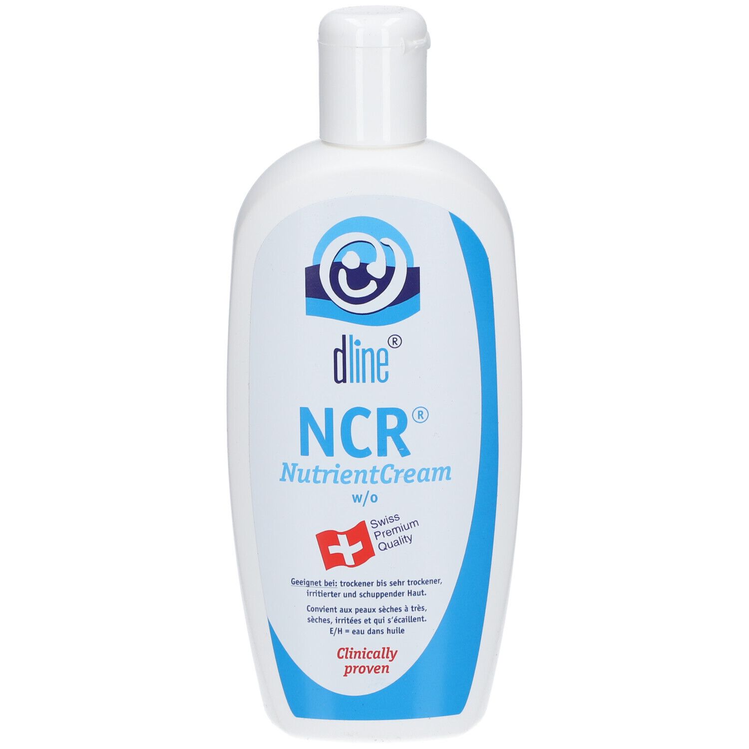 Flacon blanc avec logo bleu et texte. Contient NCR® NutrientCream. Croix suisse. Cliniquement prouvé.