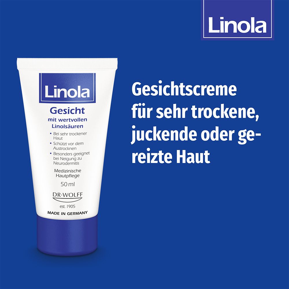 Linola Gesicht crème, tube avec informations produit. Texte: Crème visage pour peau très sèche, irritée. 50ml.