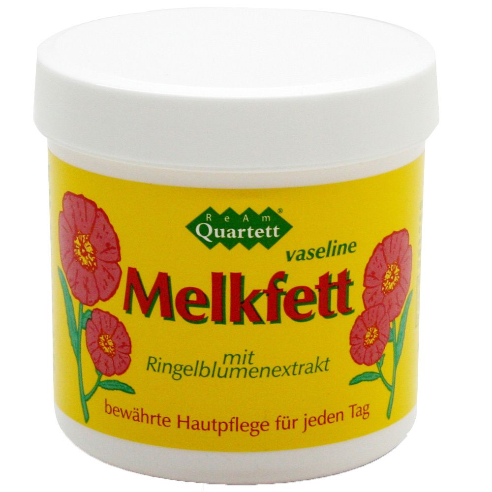 Pot blanc avec étiquette jaune. Inscription: Melkfett avec extrait de calendula. Fleurs rouges. Marque: ReAm Quartett.