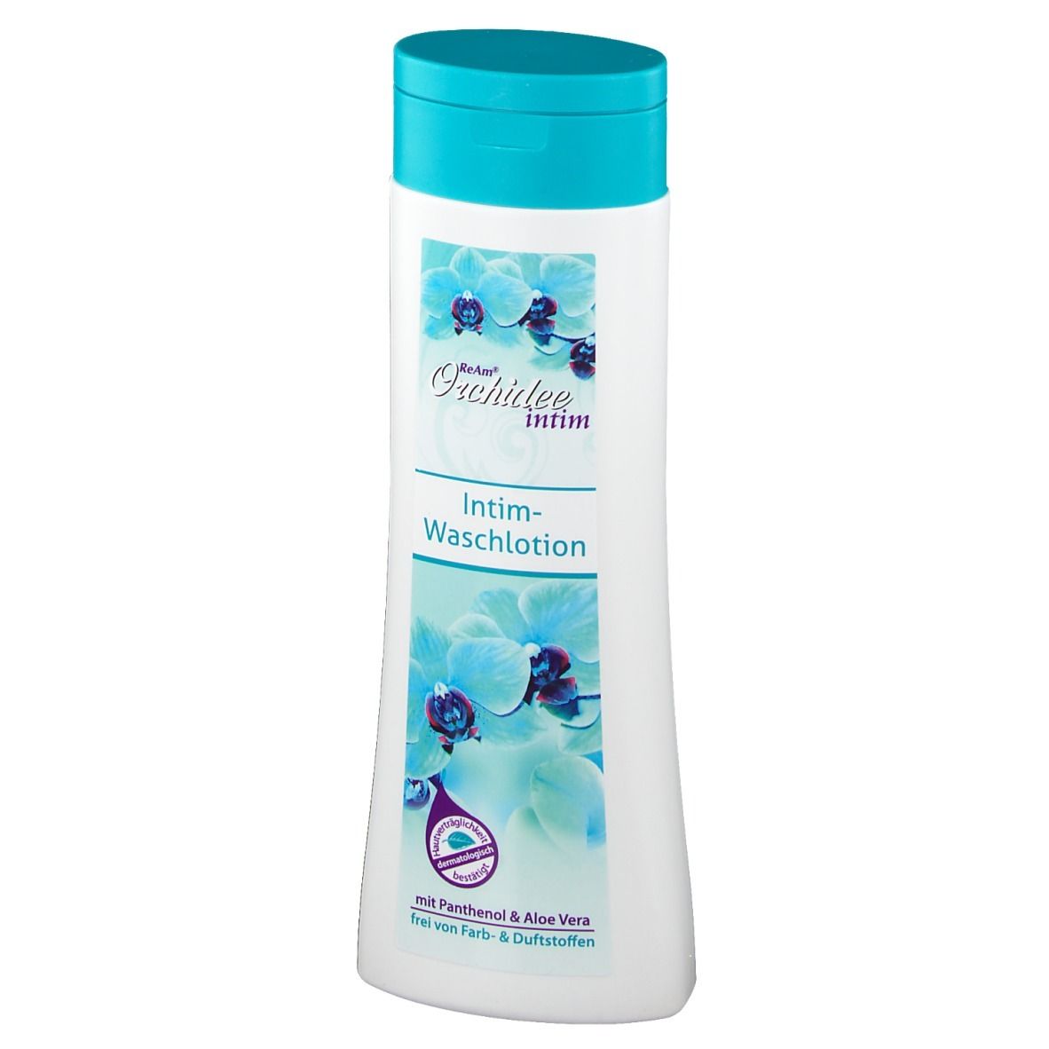 Flacon blanc avec bouchon turquoise. Inscription : ReAm Orchidee intim Intim-Waschlotion. Avec Panthénol & Aloe Vera.