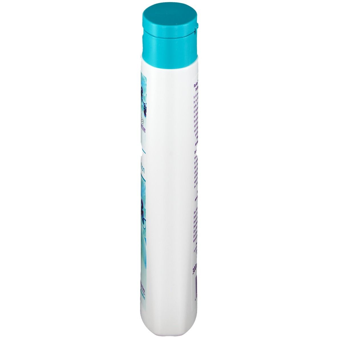 Flacon blanc avec bouchon turquoise. Inscription : ReAm Orchidee intim Intim-Waschlotion. Avec Panthénol & Aloe Vera.