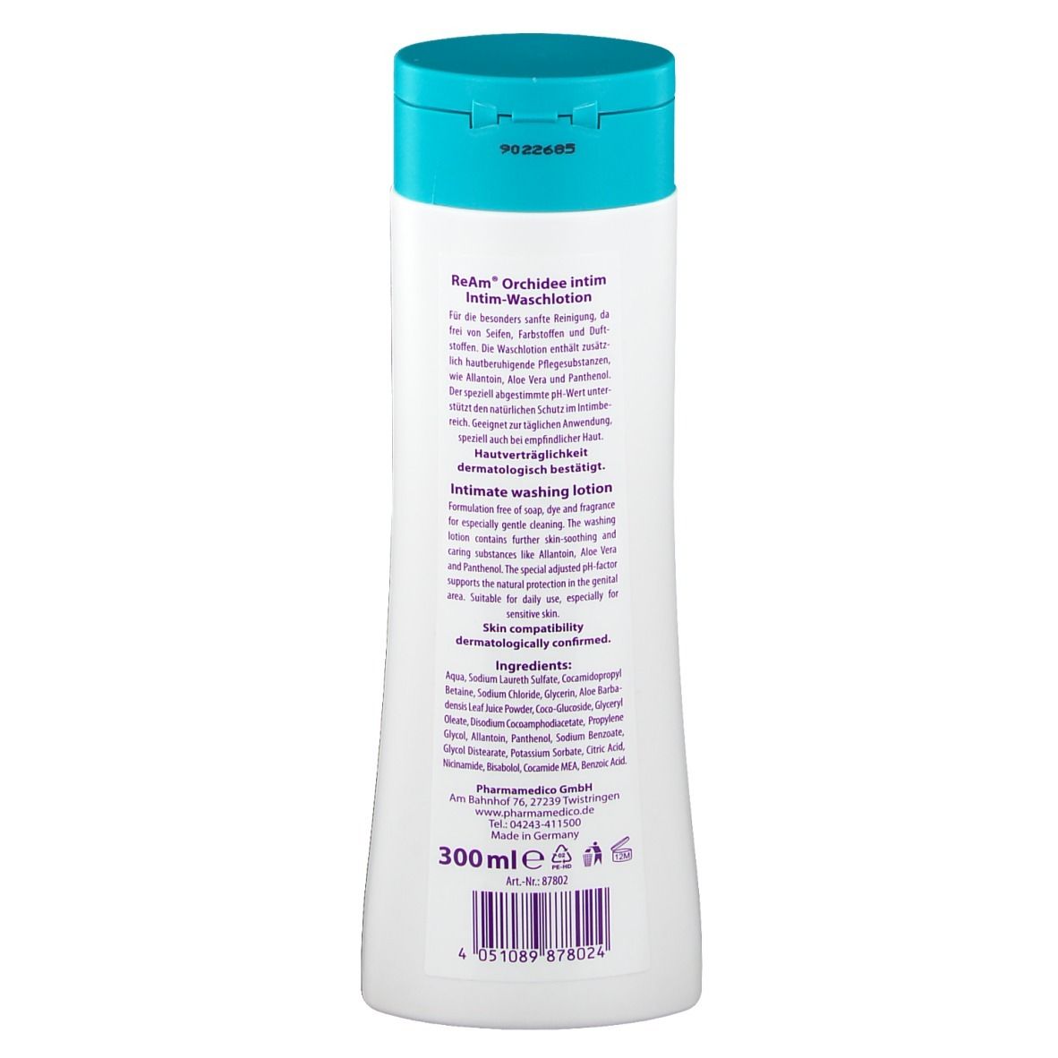Dos d'un flacon blanc avec bouchon turquoise. Inscription : ReAm Orchidee intim Intim-Waschlotion. Ingrédients, 300 ml.