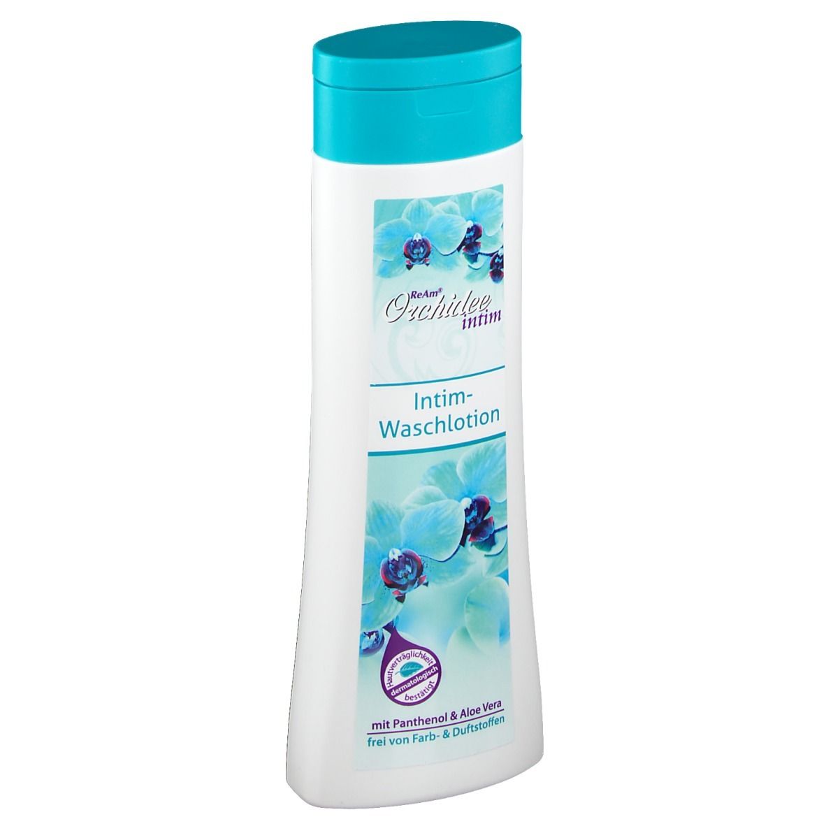Flacon blanc avec bouchon turquoise. Inscription : ReAm Orchidee intim Intim-Waschlotion. Avec Panthénol & Aloe Vera.