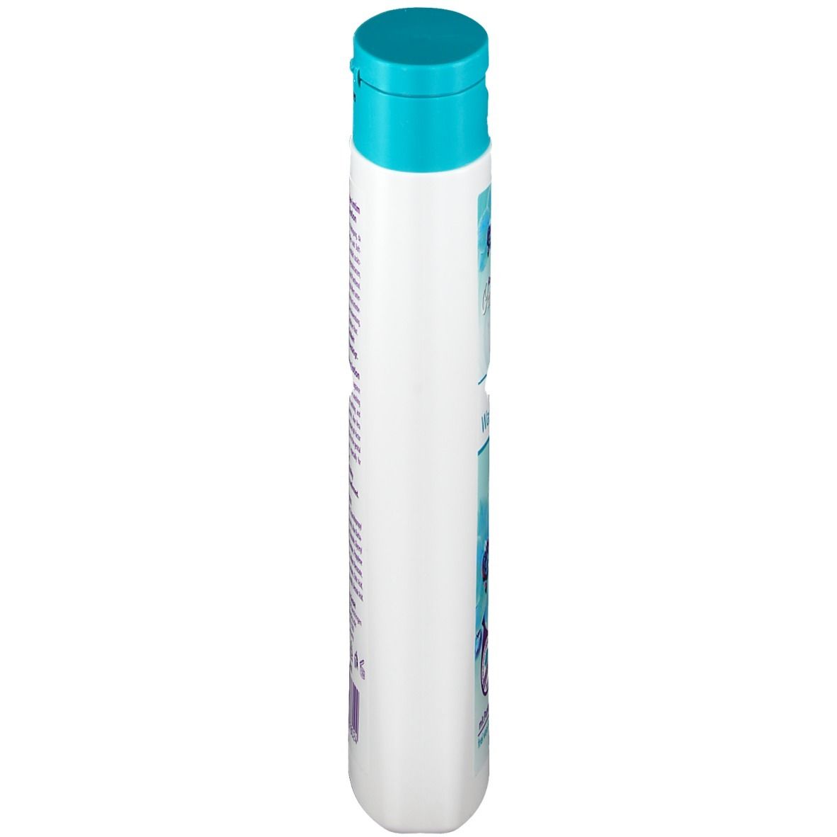 Flacon blanc avec bouchon turquoise. Inscription : ReAm Orchidee intim Intim-Waschlotion. Avec Panthénol & Aloe Vera.