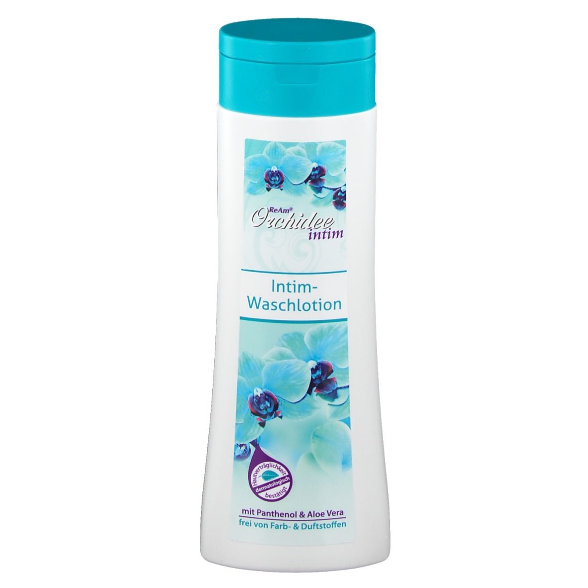 Flacon blanc avec bouchon turquoise. Inscription : ReAm Orchidee intim Intim-Waschlotion. Avec Panthénol & Aloe Vera.