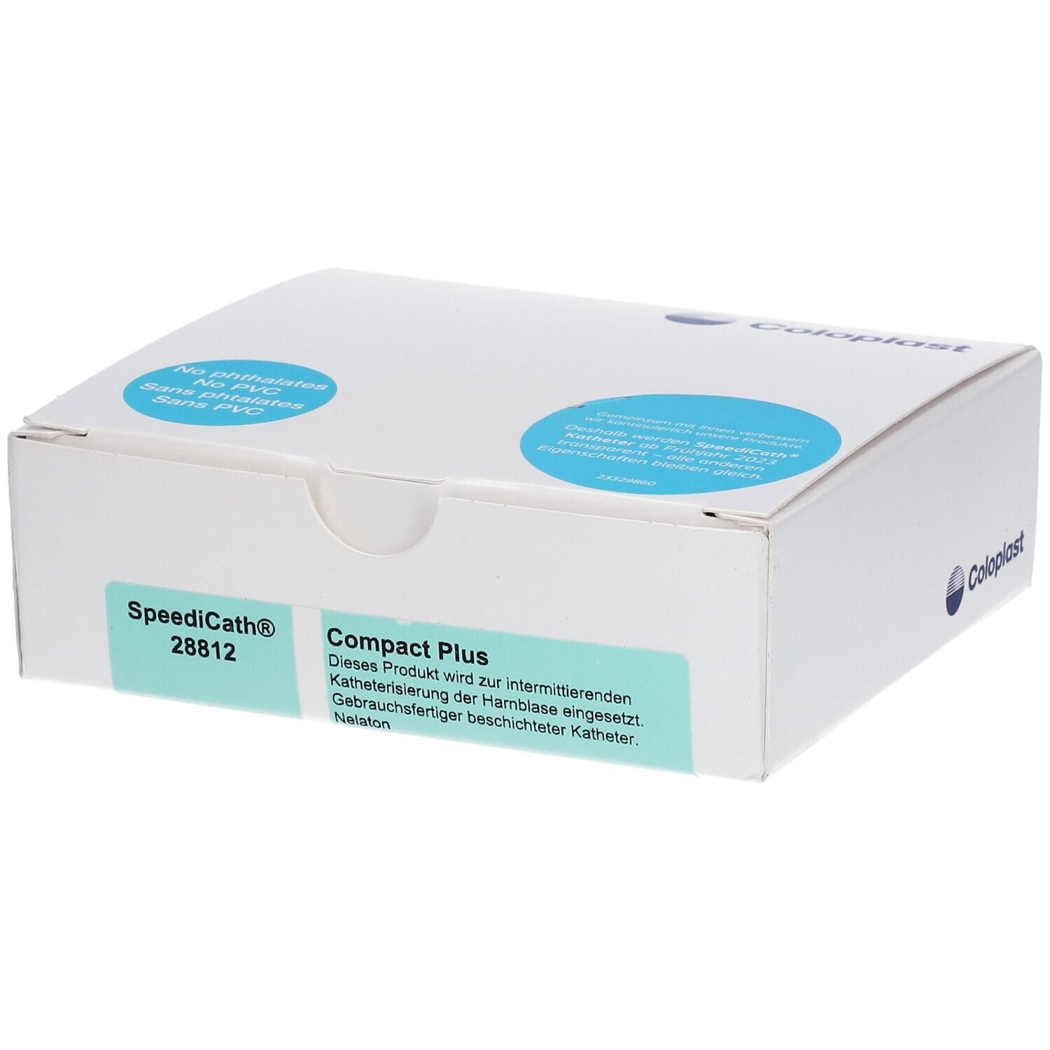 Boîte blanche avec cercles bleus et étiquette verte. L'étiquette indique SpeediCath® et d'autres informations sur le produit.