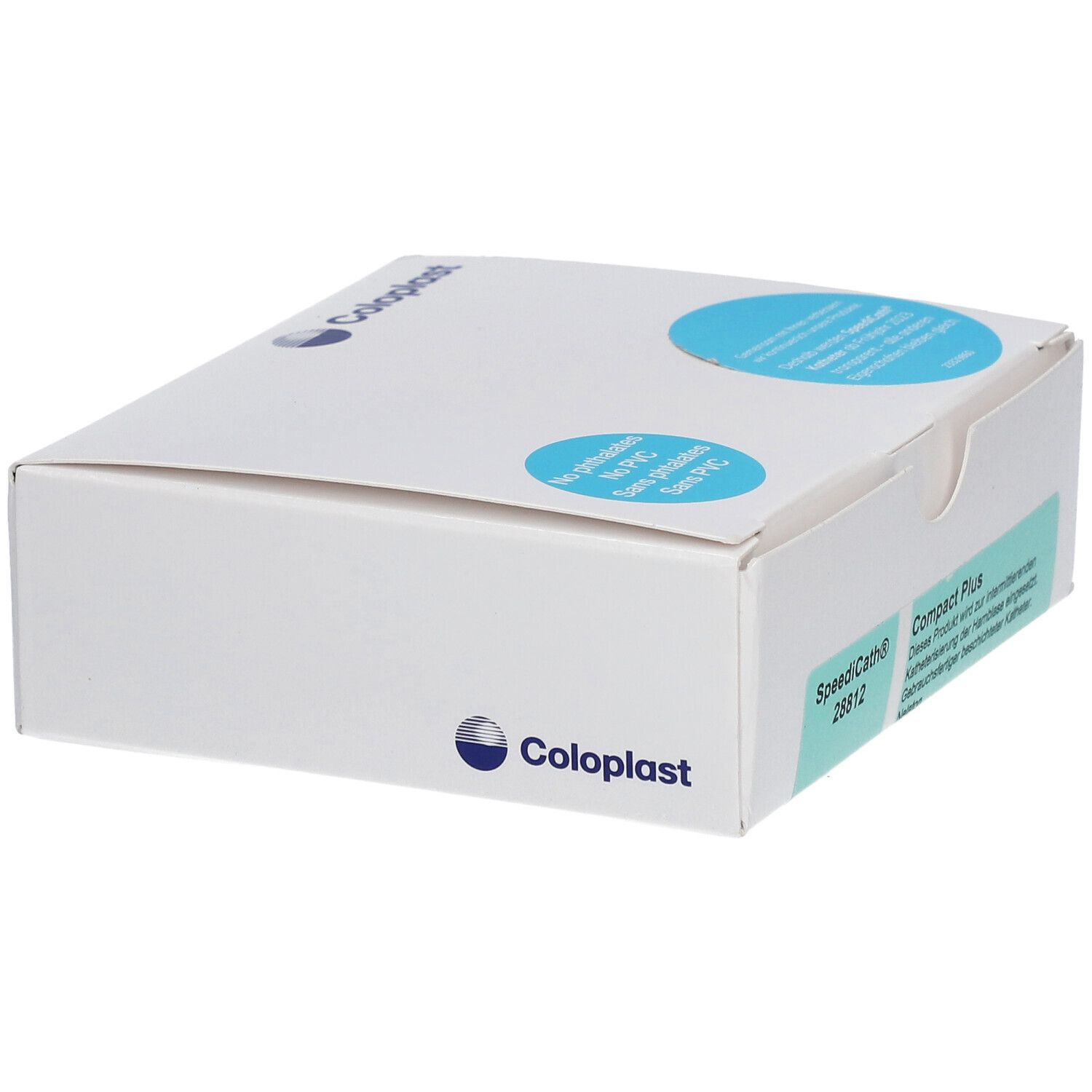 Boîte blanche avec cercles bleus et étiquette verte. Logo Coloplast et informations sur le produit visibles.